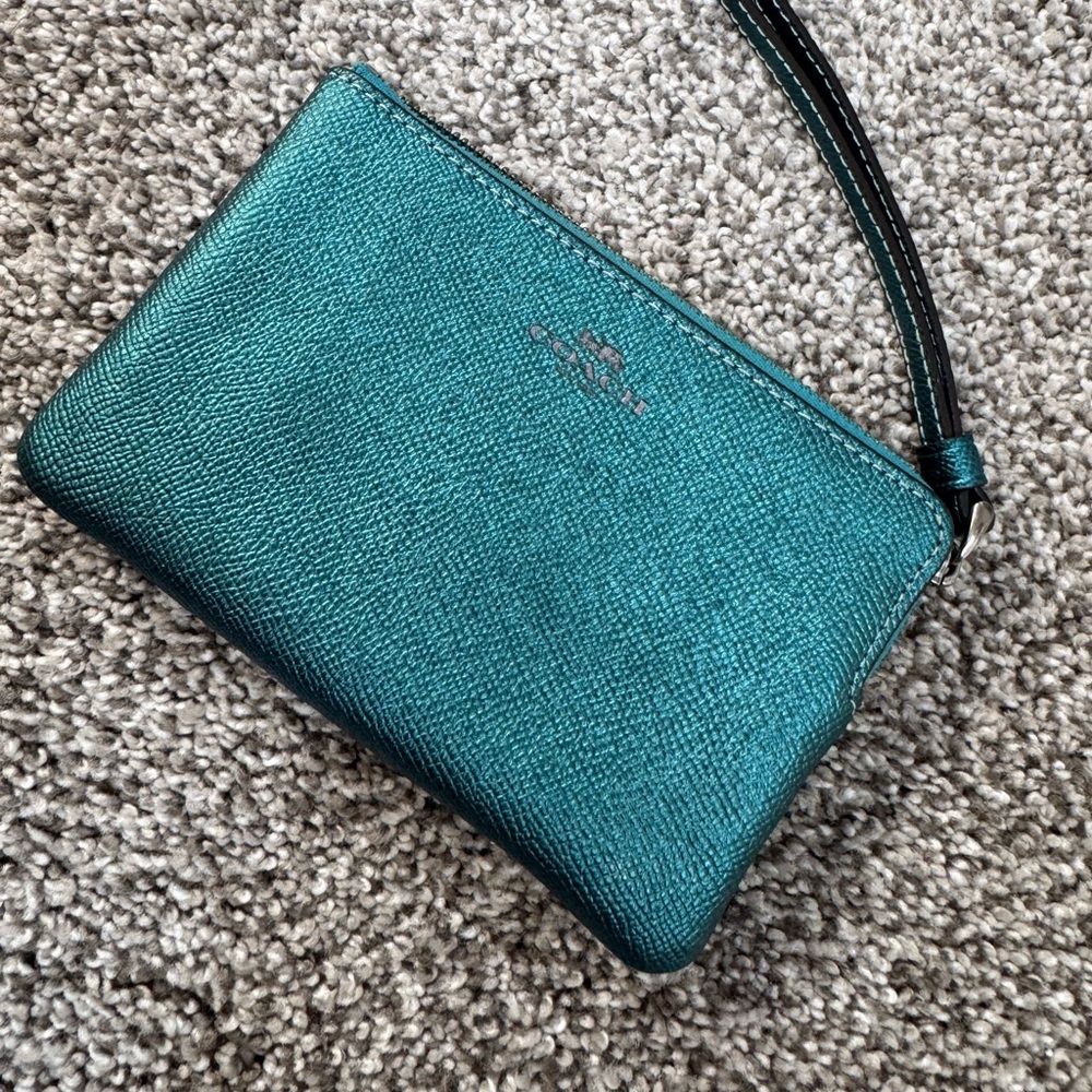 Coach Metallic Teal Pebbled Leather Wristlet - Picture 3 of 4